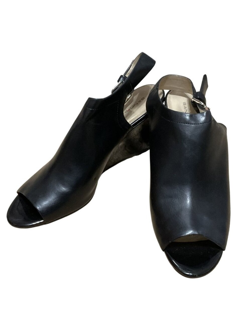 Bandolino Black Peep-Toe Wedge Sandals W/ Adjustable Strap Sz 9M Faux Leather